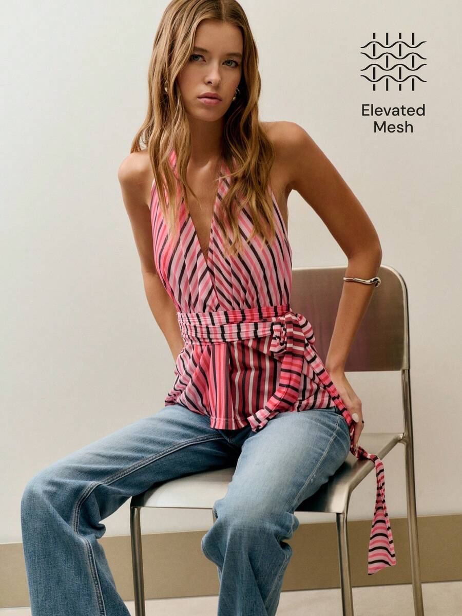 Nöista Multicolor Striped Halter Top With Cinched Waist And Deep V-Neck. Summer, Fall, Party, Going Out - Hot Pink - View 1
