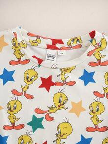 LOONEY TUNES X SHEIN 女童卡通印花圓領短袖上衣與短褲居家休閒套裝 - 黃色 - 查看 3