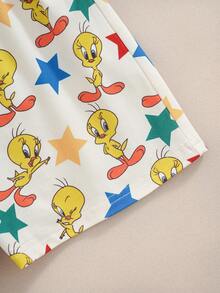 LOONEY TUNES X SHEIN 女童卡通印花圓領短袖上衣與短褲居家休閒套裝 - 黃色 - 查看 5