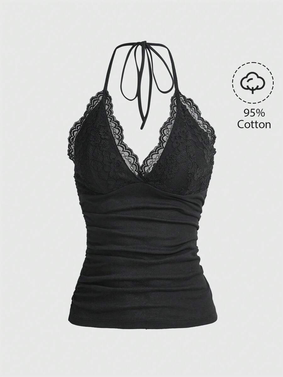 ROMWE PUNK Grunge Contrast Lace Ruched Halter Top Without Gloves - Black - View 1