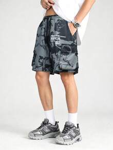 ROMWE MEN Street Life Celana Pendek Kargo Pria dengan Tali Serut dan Motif Huruf, Kasual, Serbaguna, untuk Perjalanan Sehari-hari - Grey - View 5