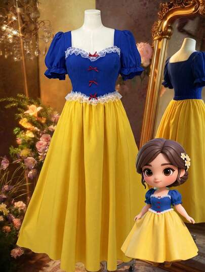 Sweetra Büyük Beden Kare Yaka Kalp Yaka Kısa Kollu Balon Kollu Zarif Vintage Şirin Saray Stili Prenses Cosplay Büzgülü A Kesim Tatil Randevu Parti Piknik Çim Alanı Mavi ve Sarı Renk Bloklu Maxi Elbise