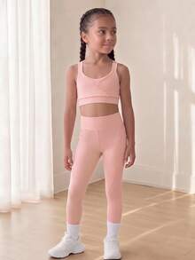 SHEIN Young Girl High Stretch Sportswear Set For Body Shaping, Free Stretching, Sweating-Absorbing, Cycling, Running, Indoor Dancing And, Fall, Yoga, Gym - Pink - View 3