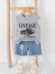 SHEIN 2pcs Baby Boy Summer Casual Street Chic Car Graphic Tank Top And Denim Shorts Set - Multicolor - View 7