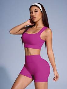 SHEIN Sovereign Charm 女款素色羅紋運動背心與短褲套裝 - 玫紅色 - 查看 5