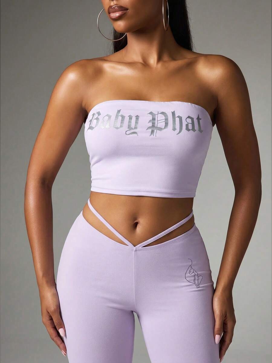 BABYPHAT Logo针织抹胸露脐上衣,正面印有闪亮哥特式字体,夏季音乐节必备单品 - 紫丁香色 - 查看 1