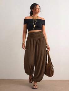 Freevana Plus Size Women Solid Color High Waist Pleated Casual Lantern Pants - 咖啡棕 - 查看 6