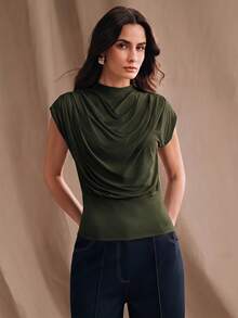 Anewsta Damen Neues minimalistisches Design Plissee Drapiertes Hochbund Slim Fit Tanktop, geeignet für Sommerkleidung, Party, Pendeln - Grün - Übersicht 3