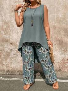 EMERY ROSE Paisley Print Pants Set, Sleeveless Top And Wide Leg Pants Plus Size 2 Pieces - Green - View 3