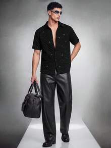 Zorclune Men's Fashionable Casual Textured Button Short Sleeve Shirt Men S Sparkly Shirt - Black - View 3