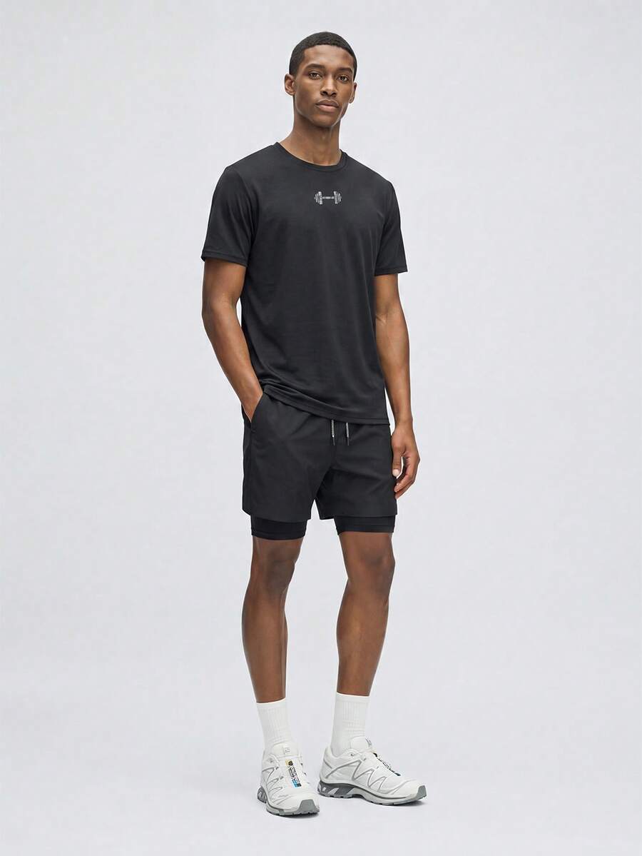 Nelvento Soul Men's Barbell Print Short Sleeve T-Shirt And Drawstring Waist Shorts Sports Suit, Gym - Black - View 1