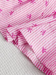 SHEIN 2pcs/Set Baby Girls' Pink And White Striped Bow Print Pink Dress With Beret Hat Cute Summer Classic Plaid Design Birthday Outfit For Outings - Pink - View 9