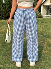 SHEIN EZwear 浅蓝色加大码休闲格子松紧腰宽松裤 - 淺藍色 - 查看 3