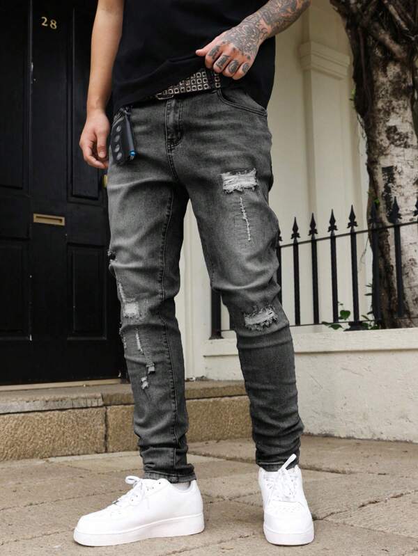 Manfinity Homme Men's Pocket Distressed Skinny Casual Versatile Jeans Ripped Grey Jeans Stretch Washed Slim Fit Thrashed Denim