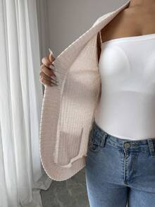 SHEIN PETITE 女款休閒羅紋刷毛開襟側口袋短版輕便外套，秋冬女裝，適合嬌小女性 - 杏色 - 查看 4