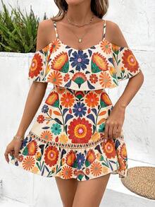 SHEIN Clasi 女士优雅棕色豹纹露肩荷叶边V领A字短裙 - 彩色 - 查看 4