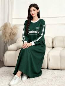 Mulvari Women's Casual Slogan Graphic Print Dark Green Long Dress, Fall Fashion Round Neck Striped Raglan Long Sleeve Sweatshirt Dress For Homewear - Green - View 6