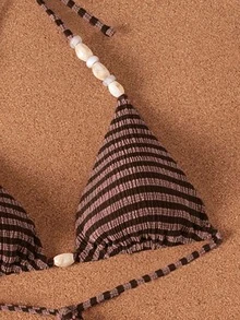 Swim Vcay Women's Summer Beach Striped Colorblock Halter Tie Sexy Bikini And Triangle Bottom Two-Piece Swimsuit Set - Coffee Brown - View 5