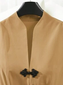 SHEIN Franclia 女款優雅短袖洋裝，青蛙鈕扣設計，適合早午餐、茶會，黑色夏季款 - 卡其色 - 查看 4