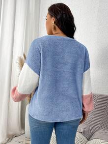 SHEIN LUNE Plus Size Plush Patchwork Contrast Color Crew Neck Pullover Sweatshirt Winter - Multicolor - View 2
