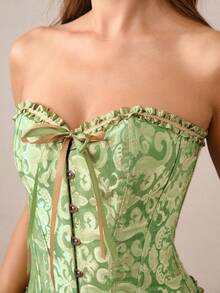 Hourtrue 1 pieza Top de corpiño estilo vintage europeo y americano para mujer, unicolor, parte posterior de encaje jacquard floral con lazo ajustable en la cintura, perfecto para vestidos de fiesta de noche formal y boda - Verde - Ver 5