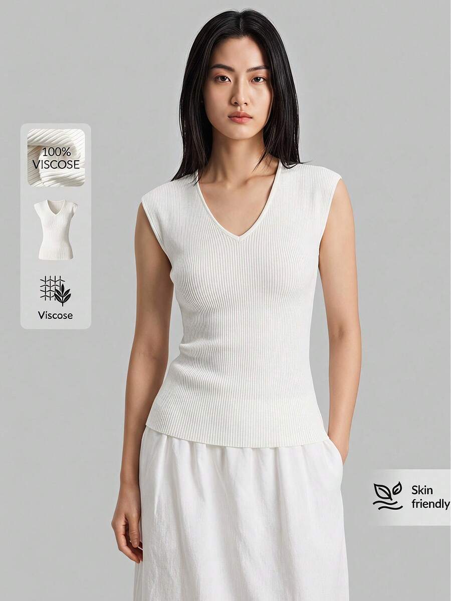 Ontre 女款海灘度假鄉村風鄉村音樂會 2026SS 春夏針織上衣 白色復古彈性針織上衣，簡約休閒度假修身純色無袖百搭針織毛衣 老錢風無袖上衣 都市現代極簡優雅 V 領設計修身收腰時尚百搭女款針織上衣