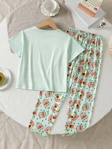 SHEIN 少女卡通印花短袖上衣與長褲睡衣套裝 - 綠色 - 查看 2