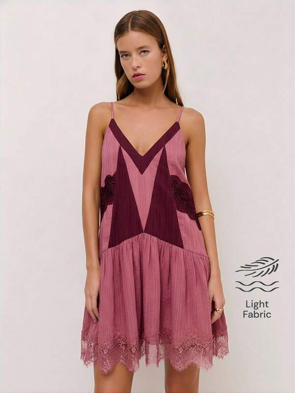 Nöista Brown Slip Dress With Lace Trim And Flared Hem. Summer, Fall, Wedding Guest, Resort, Party Style.