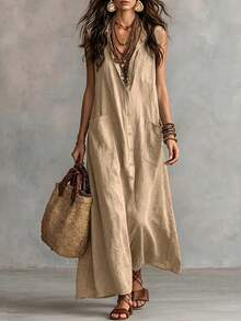 Trelyra Women's Solid Color Multi-Pocket Single-Breasted Casual Sleeveless Shirt Dress Long - Khaki - View 3