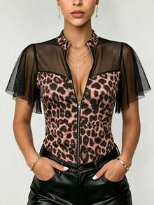 SHEIN Sommer Mode Mesh Patchwork Leopardenmuster Top Club Party Schwarz und Weiß Leopardenmuster Sexy - Verschiedenfarbig - Übersicht 3