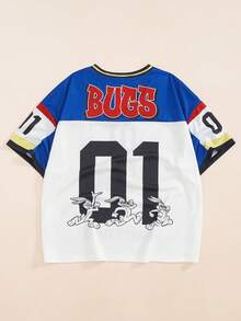 LOONEY TUNES X SHEIN Men's Letter Print V-Neck Short Sleeve T-Shirt Retro Color-Block Jersey - White - View 2