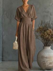 SHEIN Holidaya Women's Spring/Summer Boho Vacation Outfit, V-Neck Pleated Waist-Cinching Mid-Sleeve Top Elastic Waist Wide-Leg Long Pants 2 Pieces Set Coffee Brown - Brown - View 3