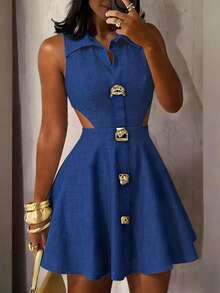 Orbivine Plus Size Women Spring/Summer Solid Color Lapel Sleeveless Cinched Waist Asymmetric Hollow Back A-Line Fashion Metal Button Decor Light Luxury Elegant Party Dress - Blue - View 7