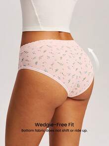 LUVLETTE 3-Pack Soft Cotton Basic Floral Print Lace Trim Mid-Waist Underwear Briefs-Pink - Multicolor - View 2
