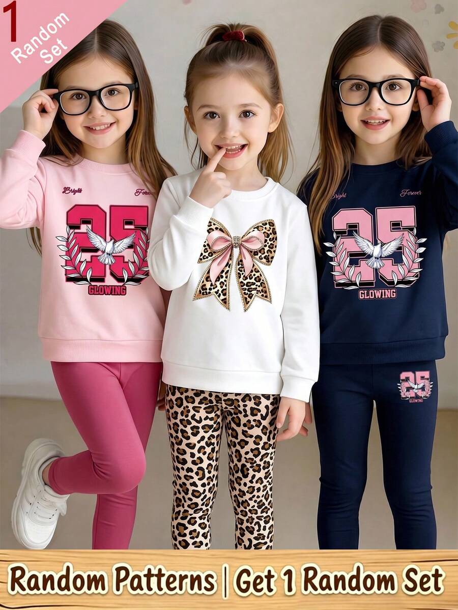 SHEIN 買3送1,少女極簡休閒數字與字母印花圓領衛衣搭配印花內搭褲套裝,以及豹紋蝴蝶結圓領衛衣搭配豹紋內搭褲套裝,適合秋冬日常穿著,3款可選 - 彩色 - 查看 1