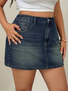 Dazy Plus Rok Denim Pendek Model A-Line Biru Tua Bergaya Vintage, Rok Mini Seksi Serbaguna - Dark Wash - View 5