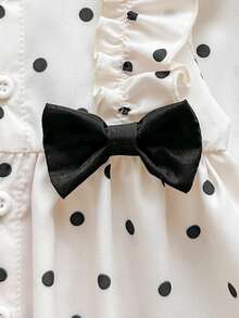 SHEIN Vintaside Kids Cute Baby Girl Red And White Polka Dot Dress, With Bow Decoration, Ruffle Long Sleeve Front Button Casual Soft Comfortable Fabric, Spring Autumn Wear - Black and White - View 8