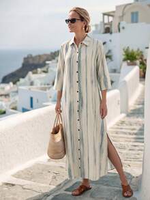 Faunlyn Robe d'été décontractée fendue à simple boutonnage blocs de couleurs pour femmes - Multicolore - Voir 7