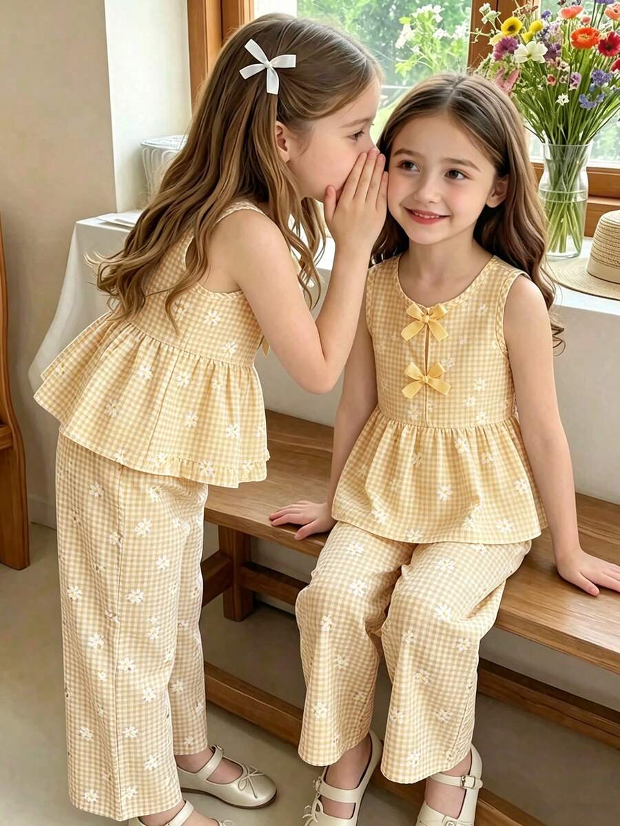 SHEIN Elladie kids 女童新款清新田園風精緻碎花兩件套,棕色蝴蝶結裝飾背心上衣 + 同款碎花寬腿長褲,甜美可愛時尚日常穿搭,夏季 - 黃色 - 查看 1