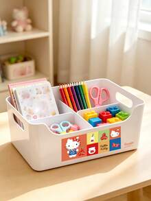 HELLO KITTY AND FRIENDS | SHEIN 1 Buah Organizer Penyimpanan Meja Plastik Multi-Grid Hello Kitty, Wadah Meja Terbagi dengan Pegangan Samping, Tempat Penyimpanan Alat Tulis, Kosmetik, dan Kabel Kartun Lucu Berlisensi, Kotak Penyimpanan Putih Kokoh untuk Meja Belajar, Kamar Tidur, Kantor, Hadiah untuk Anak Perempuan dan Remaja - MultiWarna - View 5