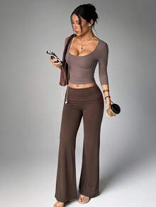 Dewbera Dewbera Women's Solid Color Flared Leg Sports Modest Pants Gym Light Brown Summer - Brown - View 3