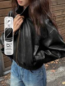DAZY Women's PU Material Pocket Long Sleeve Fashion Versatile Jacket ,Petite Women School - Black - View 6