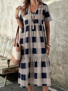 EMERY ROSE Vestido casual de verano con estampado de cuadros y manga corta - Multicolor - Ver 1