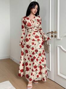 Feyla New Design V-Neck Waist-Cinching Slimming Floral Print Elegant Romantic Vacation Party Elegant Sexy Dress - Multicolor - View 5
