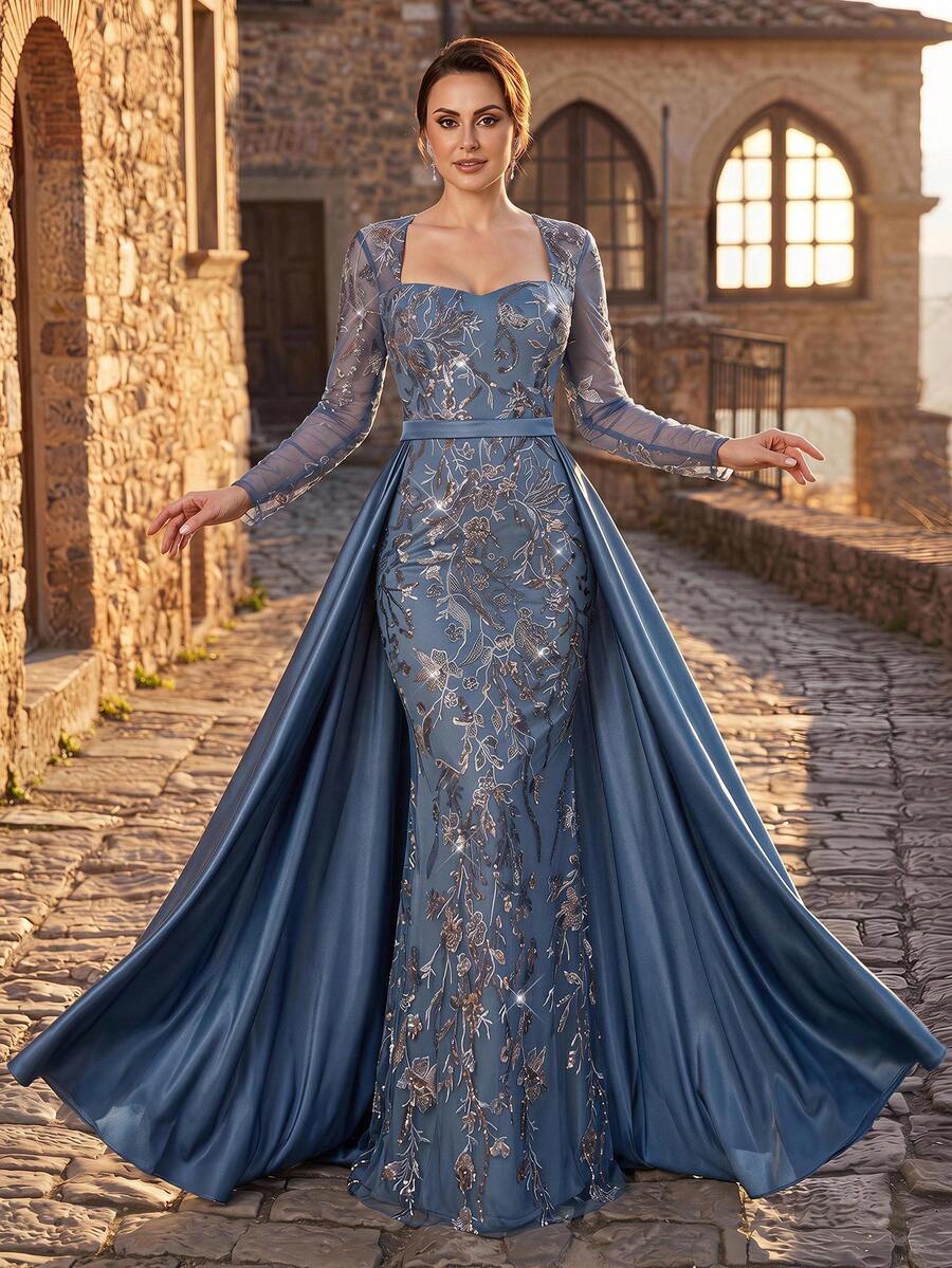 Serin Elegant Formal Blue Satin Floral Sequin Square Neck Tulle Long Sleeve Mermaid Gown With Train Bridal Mother Wedding Evening Party Guest Dress Spring