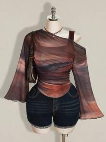 SHEIN ICON 女款大尺碼紮染 2 合 1 喇叭袖網紗 T 恤 秋季 - 彩色 - 查看 4