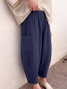 SHEIN Women's Vintage Casual Lantern Pants Loose Comfortable Pumpkin Pants Ramie Linen - Dusty Blue - View 3