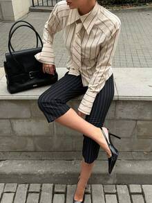 Siren Gaze Women's Fashion Commuter Striped Cropped Pants - Black - View 3