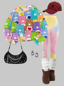 Slaydiva SHEIN X Care Bears Set 2 pezzi con felpa girocollo ampia e minimalista e leggings aderenti X, outfit estivo, streetwear, adatto per pendolarismo quotidiano, appuntamenti, feste, autunno/inverno, estate, feste, matrimoni, spiaggia, cerimonie di laurea, elegante, casual, uscite, Y2K, outfit per festival musicali - Multicolore - Visualizzare 1