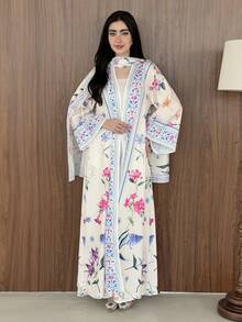 Yasmeen Edit Yasmeen Edit 2pcs Modest Printed Cardigan Abaya With Headscarf Set, Middle Eastern Dubai Style Outerwear Eid Spring - Printing Color - View 6